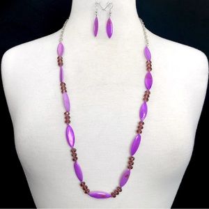Long Purple Shell & Glass Beaded Necklace Earrings Set